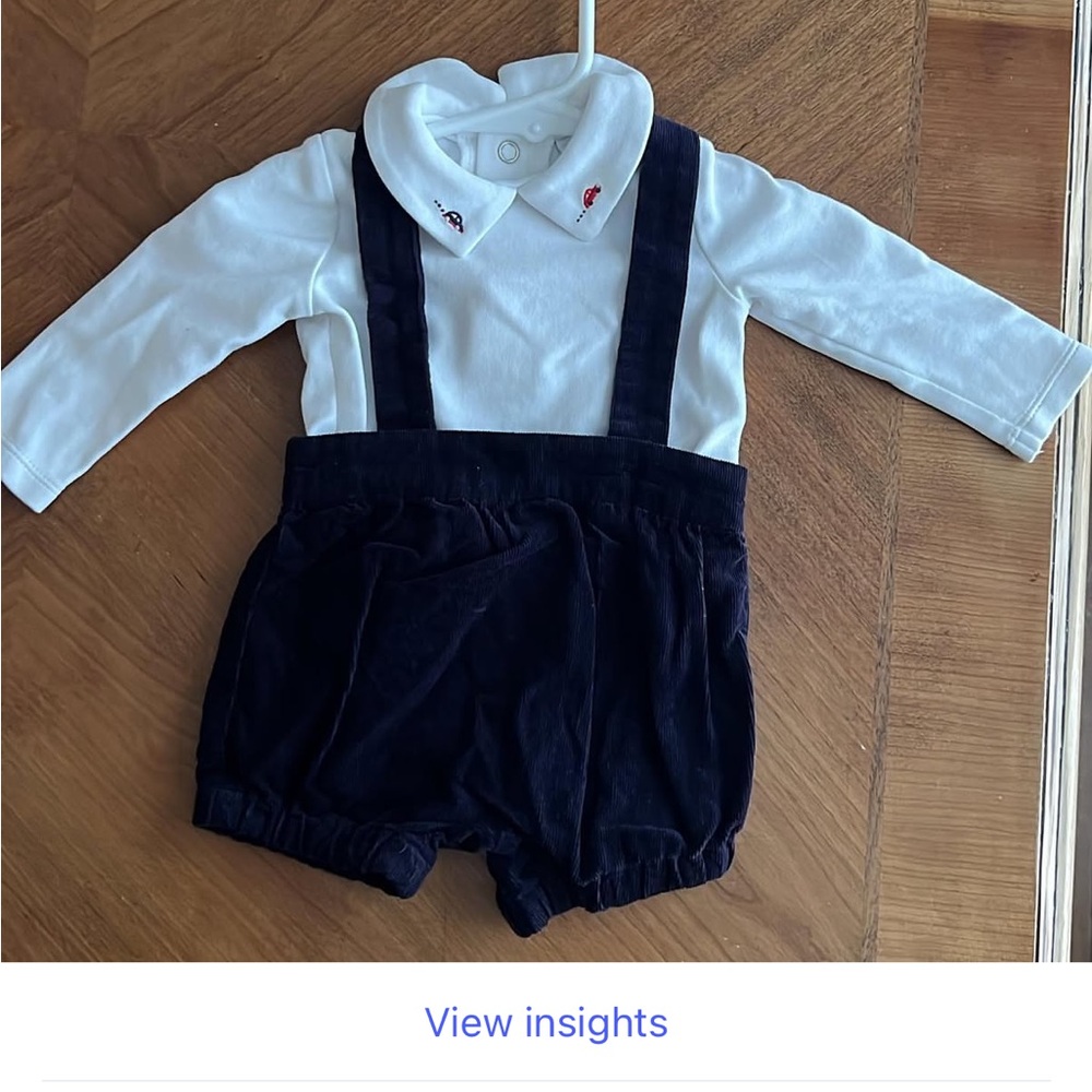 Baby boyClassic White and Navy Kids Peter Pan collar shirt shortall corduroy GUC